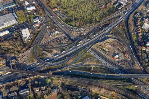 Aerial view, construction site due to A43 extension, motorway junction Herne, motorway A42,