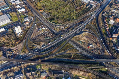 Aerial view, construction site due to A43 extension, motorway junction Herne, motorway A42,