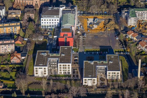 Aerial view, construction site Widumer Höfe, the future retirement home of the St. Elisabeth Group,