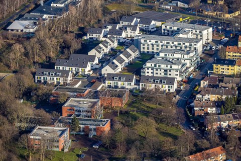Aerial view, construction site, new housing estate Jürgens Hof, Am Fischergraben, Horsthausen,