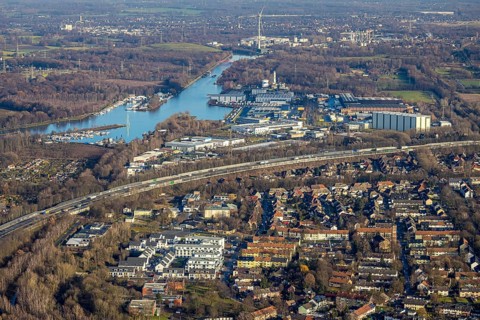 Aerial view, construction site, new housing estate Jürgens Hof, Am Fischergraben, view to the Herne