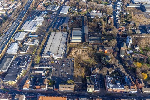 Aerial view, toom shopping centre, demolition site former Dorn-Schrauben, Spitzbunker, Baukau,