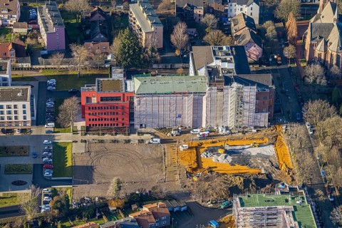 Aerial view, construction site Widumer Höfe, the future retirement home of the St. Elisabeth Group,