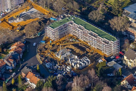 Aerial view, construction site of the new Widumer Höfe building, the future retirement home of the