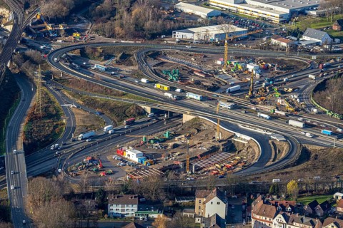 Aerial view, construction site due to A43 extension, motorway junction Herne, motorway A42,