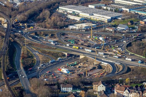 Aerial view, construction site due to A43 extension, motorway junction Herne, motorway A42,