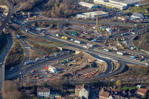 Aerial view, construction site due to A43 extension, motorway junction Herne, motorway A42,
