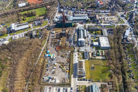 Aerial view, industrial area, former coal mine, double trestle winding tower of the former Pluto