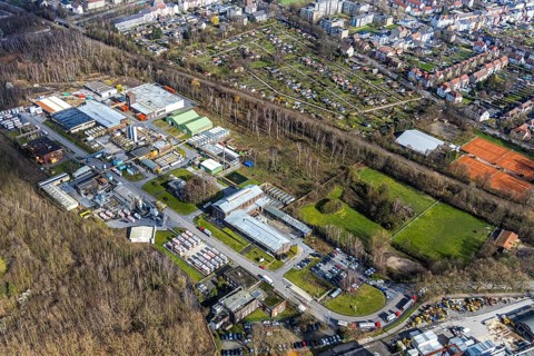 Aerial view, industrial area, former coal mine, double trestle winding tower of the former Pluto