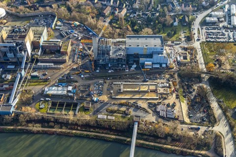 Aerial photograph, STEAG Herne combined heat and power plant on the Rhine-Herne Canal, construction