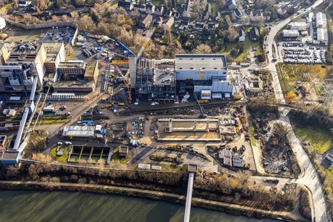 Aerial photograph, STEAG Herne combined heat and power plant on the Rhine-Herne Canal, construction