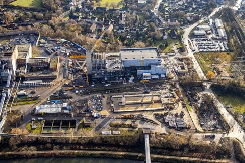 Aerial photograph, STEAG Herne combined heat and power plant on the Rhine-Herne Canal, construction