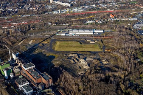 Aerial view, construction site new Stadler Schienenfahrzeuge branch, former General Blumenthal mine
