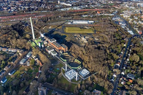 Aerial view, construction site new Stadler Schienenfahrzeuge branch, former General Blumenthal mine