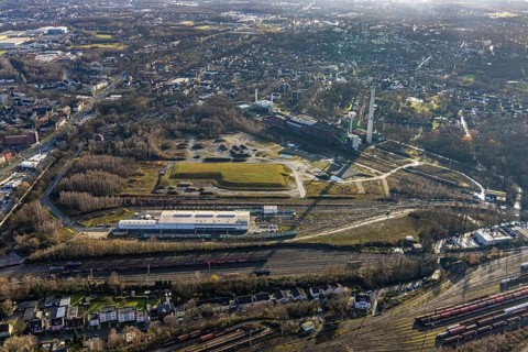 Aerial view, construction site new Stadler Schienenfahrzeuge branch, former General Blumenthal mine