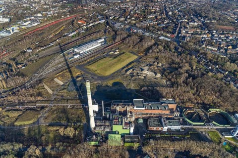 Aerial view, construction site new Stadler Schienenfahrzeuge branch, former General Blumenthal mine