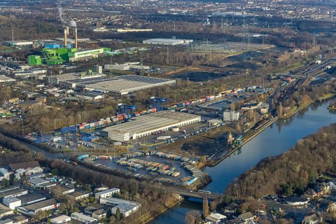 Aerial view, commercial area Am Westhafen, CTH Container Terminal Herne GmbH, Müller - Die lila