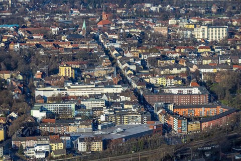 Aerial view, city view main street, Wanne, Herne, Ruhr area, North Rhine-Westphalia, Germany, place
