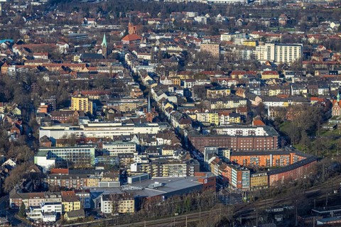 Aerial view, city view main street, Christuskirche, catholic church St. Laurentius, Wanne, Herne,