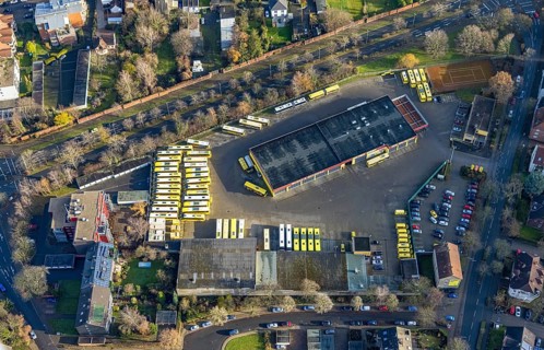 Aerial photo, Graf Reisen bus company, Röhlinghausen, Herne, Ruhr area, North Rhine-Westphalia,