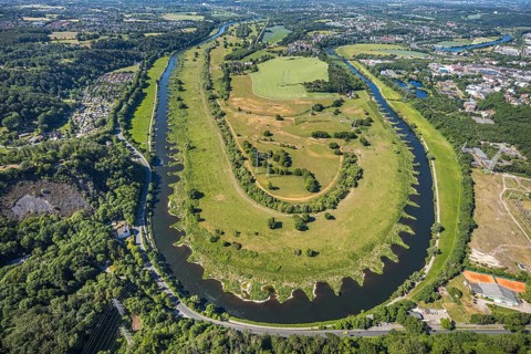 Aerial view, Hattinger Ruhrschleife, Ruhraue Winz, river Ruhr, district Winz, Hattingen, Ruhr area,