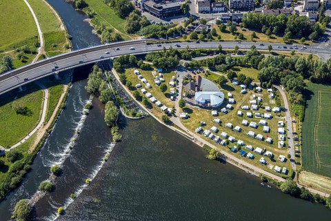 Aerial view, Ruhrbrücke Bochumer Straße, Campingplatz Ruhrbrücke, Hattingen, Ruhr area, North