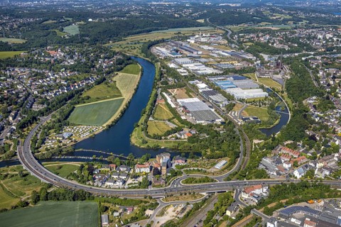 Aerial view, Ruhrbrücke Bochumer Straße, camping site Ruhrbrücke, industrial park and landscape