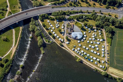Aerial view, Ruhrbrücke Bochumer Straße, Campingplatz Ruhrbrücke, Hattingen, Ruhr area, North