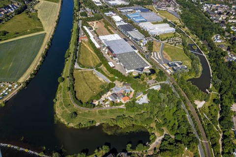 Aerial view, river Ruhr, Landhaus Grum, industrial park and landscape park Henrichshütte,