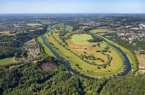 Aerial view, Hattinger Ruhrschleife, Ruhraue Winz, river Ruhr, district Winz, Hattingen, Ruhr area,