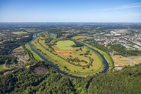 Aerial view, Hattinger Ruhrschleife, Ruhraue Winz, river Ruhr, district Winz, Hattingen, Ruhr area,