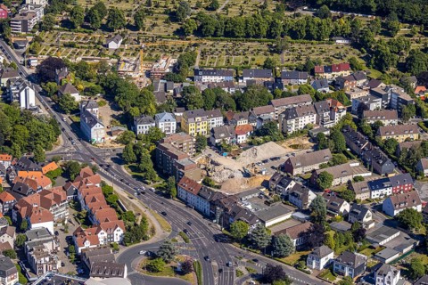 Aerial view, construction site new residential quarter Mörikestraße, former fire station,