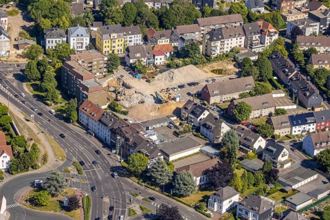 Aerial view, construction site new residential quarter Mörikestrasse, former fire station,