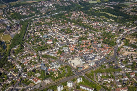 Aerial view, city centre, old town, Reschop Carré, Protestant Church of St. George, Hattingen, Ruhr