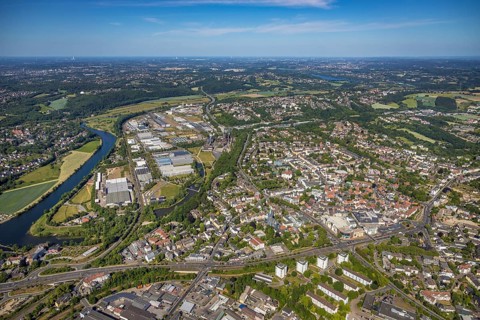 Aerial view, river Ruhr, city centre, old town, district Welper, industrial park and landscape park
