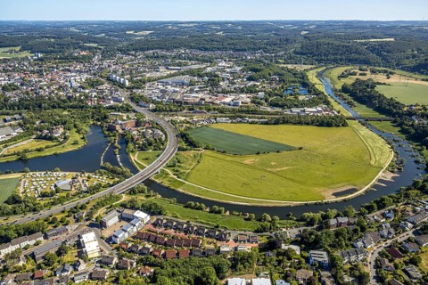 Aerial view, Ruhrbrücke Bochumer Straße, Campingplatz Ruhrbrücke, Hattingen, Ruhr area, North