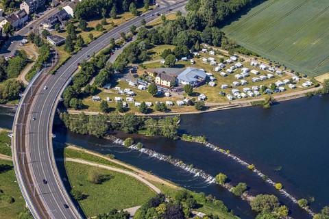 Aerial view, Ruhrbrücke Bochumer Straße, Campingplatz Ruhrbrücke, Hattingen, Ruhr area, North