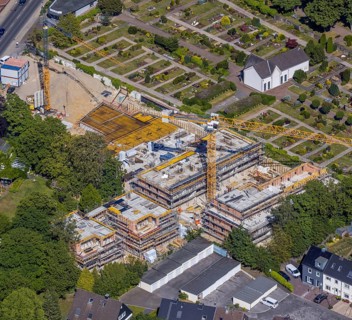 Aerial view, construction site new residential buildings, former Opel car dealership Brinkmann