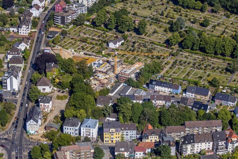 Aerial view, construction site new residential buildings, former Opel car dealership Brinkmann