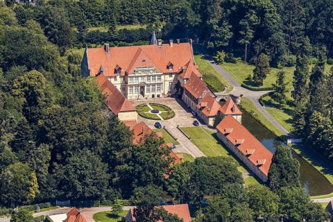 Aerial view, Havixbeck Castle, moated castle, Havixbeck, Münsterland, North Rhine-Westphalia,