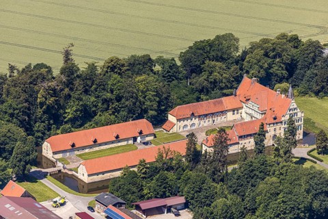 Aerial view, Havixbeck Castle, moated castle, Havixbeck, Münsterland, North Rhine-Westphalia,