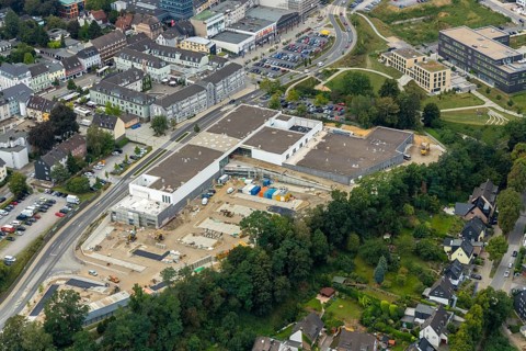 Aerial view, construction site new building at Hefelmann-Park, shopping centre, Westfalenstraße,
