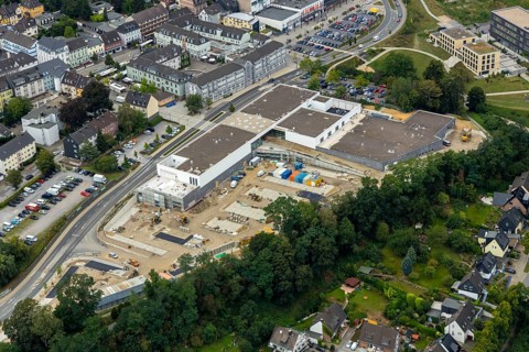 Aerial view, construction site new building at Hefelmann-Park, shopping centre, Westfalenstraße,