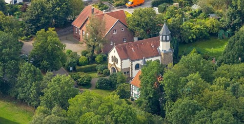 Aerial view, Chapel St. Jakobus Abtsküche, Museum Abtsküche, Heiligenhaus, Ruhr area, North