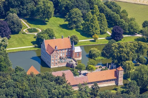 Aerial view, Burg Hülshoff, Museum in honour of the poet Annette von Droste-Hülshoff, Havixbeck,