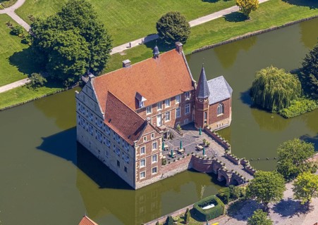 Aerial view, Burg Hülshoff, Museum in honour of the poet Annette von Droste-Hülshoff, Havixbeck,