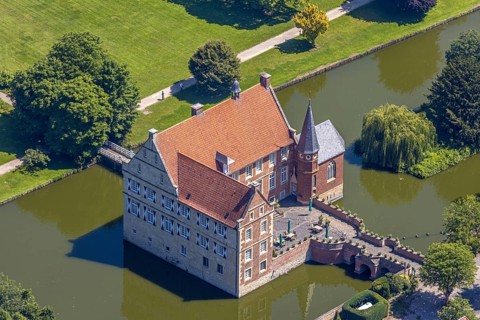 Aerial view, Burg Hülshoff, Museum in honour of the poet Annette von Droste-Hülshoff, Havixbeck,