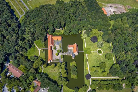 Aerial view, Burg Hülshoff, Museum in honour of the poet Annette von Droste-Hülshoff, Havixbeck,