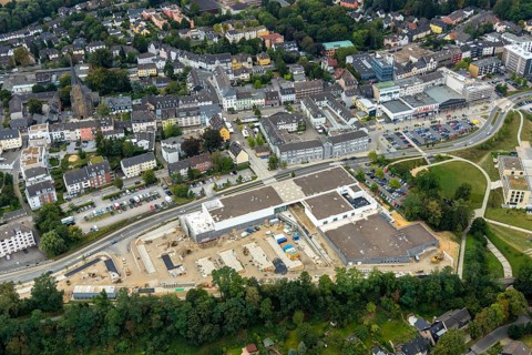 Aerial view, construction site new building at Hefelmann-Park, shopping centre, Westfalenstraße,