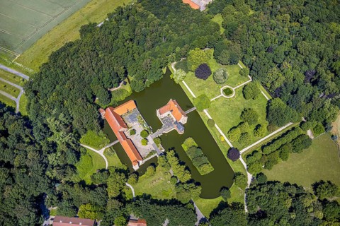 Aerial view, Burg Hülshoff, Museum in honour of the poet Annette von Droste-Hülshoff, Havixbeck,